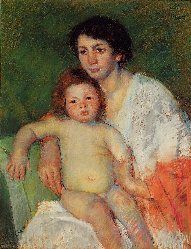 Nude Baby on Mothers Lap Resting Her arm on the Back of the Chair - Mary Cassatt Painting on Canvas